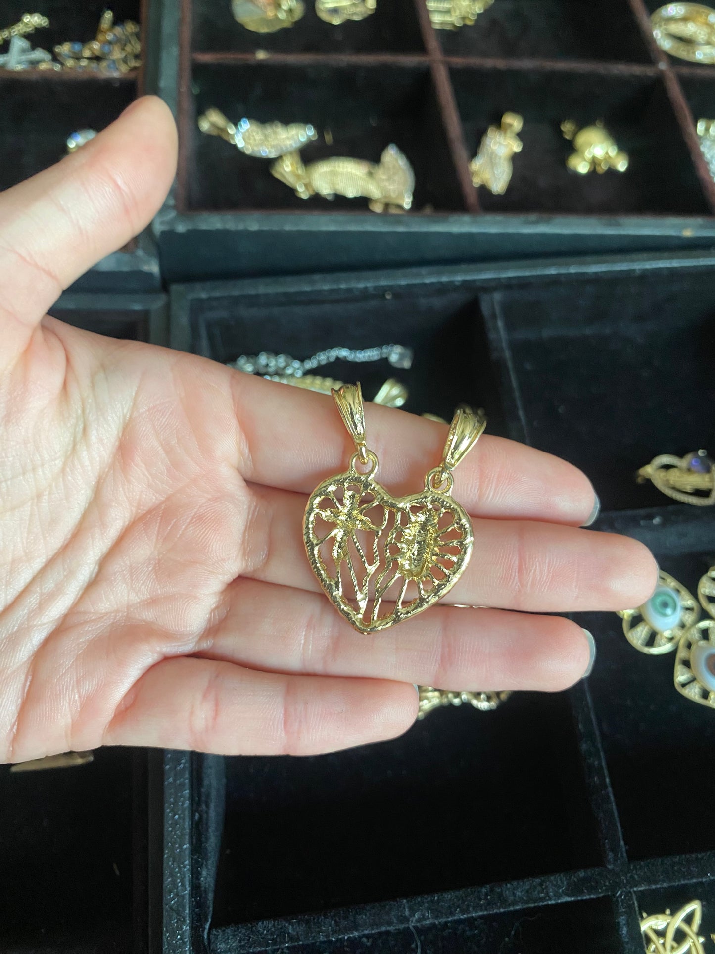 Red gem heart with cross and Virgin de Guadalupe/Virgin Mary pendant