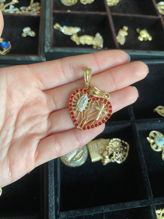 Red gem heart with cross and Virgin de Guadalupe/Virgin Mary pendant